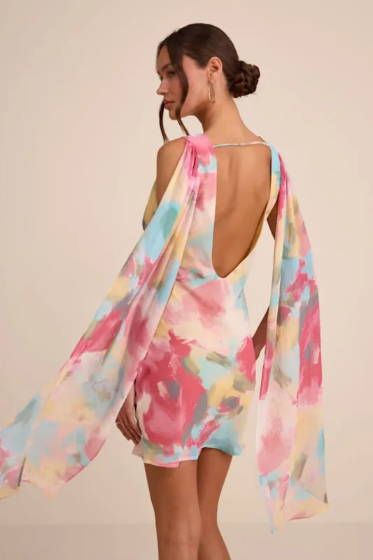 Siya Pink Multi Abstract Print Cowl Sash Mini Dress made by Lulus