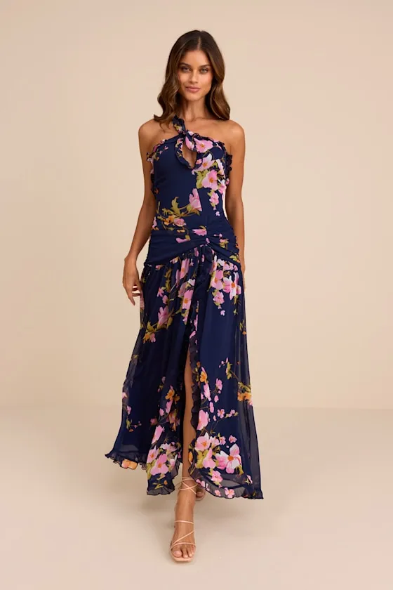 Alayda Navy Blue Floral Asymmetrical Ruffled Maxi Dress sold by Lulus