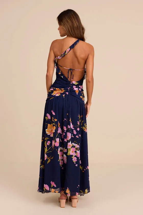 Alayda Navy Blue Floral Asymmetrical Ruffled Maxi Dress sold by Lulus product image thumbnail 3