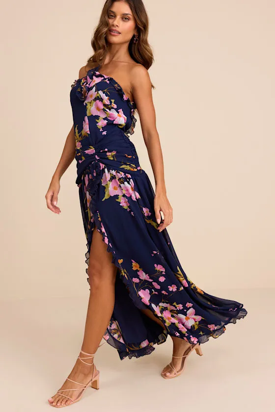 Alayda Navy Blue Floral Asymmetrical Ruffled Maxi Dress sold by Lulus product image thumbnail 4