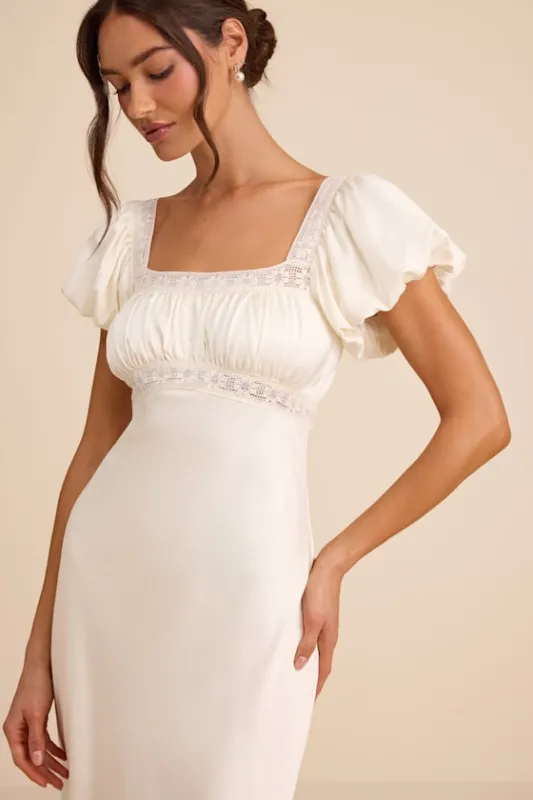 Catherine Ivory Satin Puff Sleeve Slip Midi Dress sold by Lulus