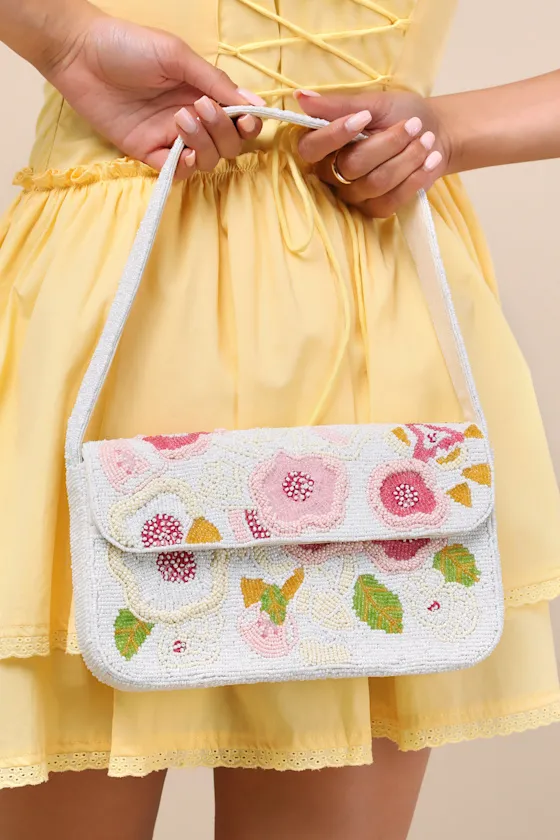 Laurencia White Beaded Floral Shoulder Bag sold by Lulus