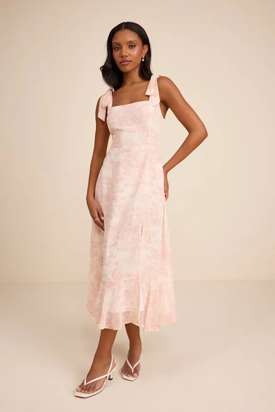 Summer Invite White and Pink Toile Tie-Strap Tiered Midi Dress sold by Lulus product image thumbnail 2