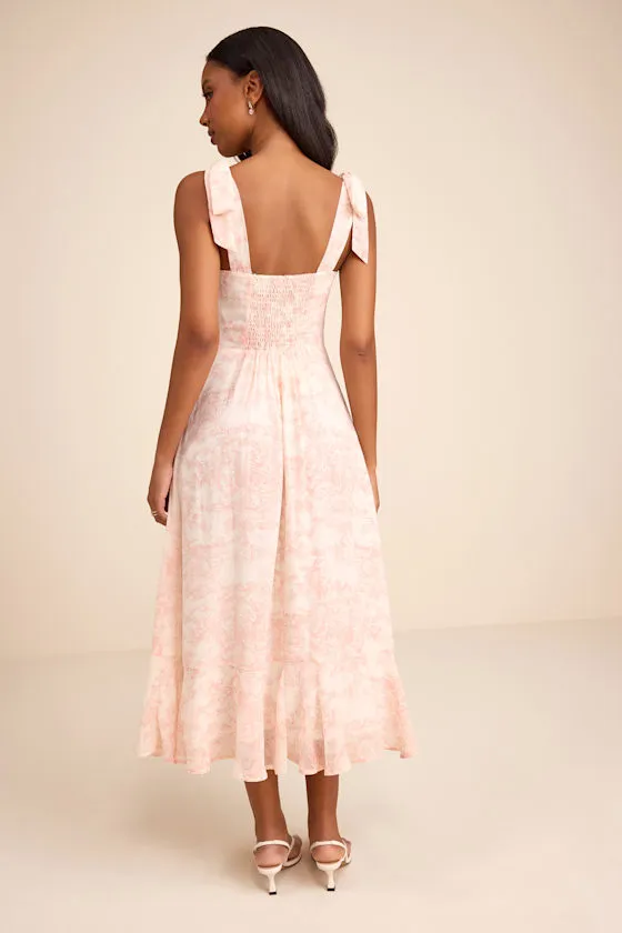 Summer Invite White and Pink Toile Tie-Strap Tiered Midi Dress sold by Lulus product image thumbnail 3