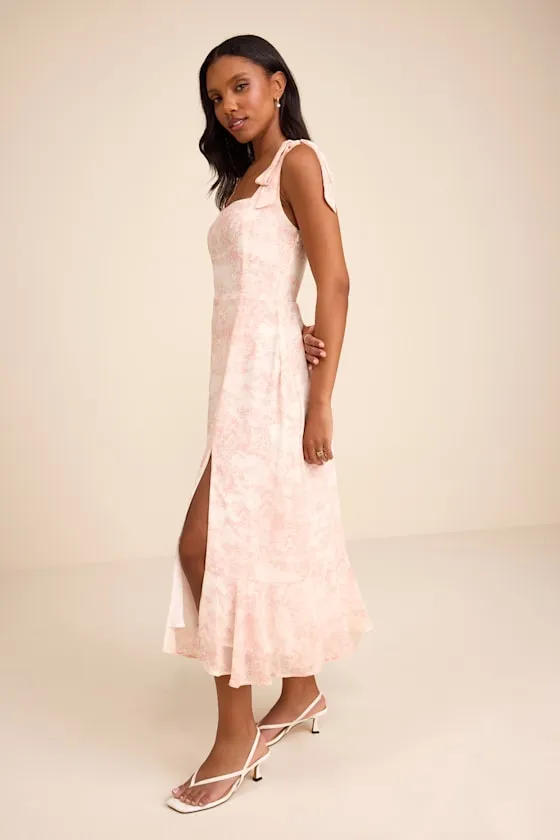 Summer Invite White and Pink Toile Tie-Strap Tiered Midi Dress sold by Lulus product image thumbnail 4