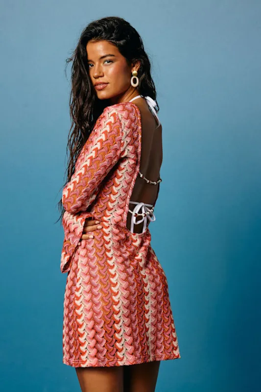Valestra Pink Striped Crochet Long Sleeve Swim Cover-Up Dress sold by Lulus