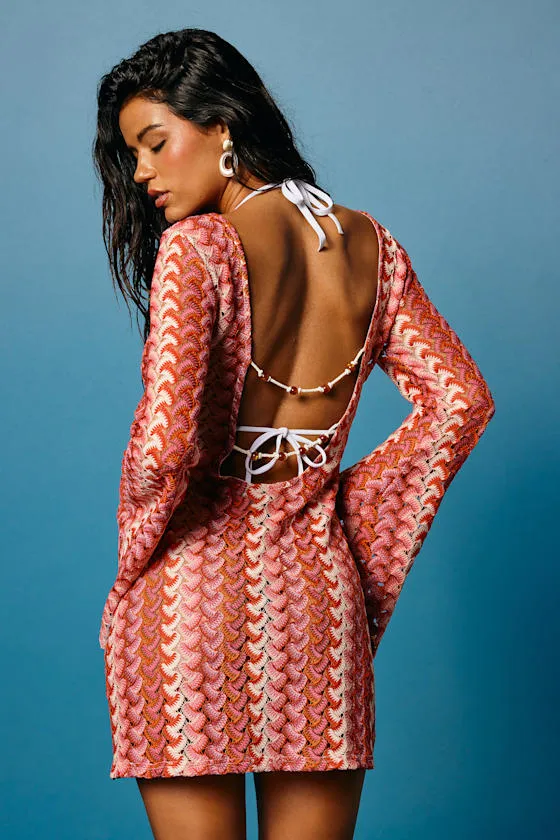 Valestra Pink Striped Crochet Long Sleeve Swim Cover-Up Dress sold by Lulus product image thumbnail 3