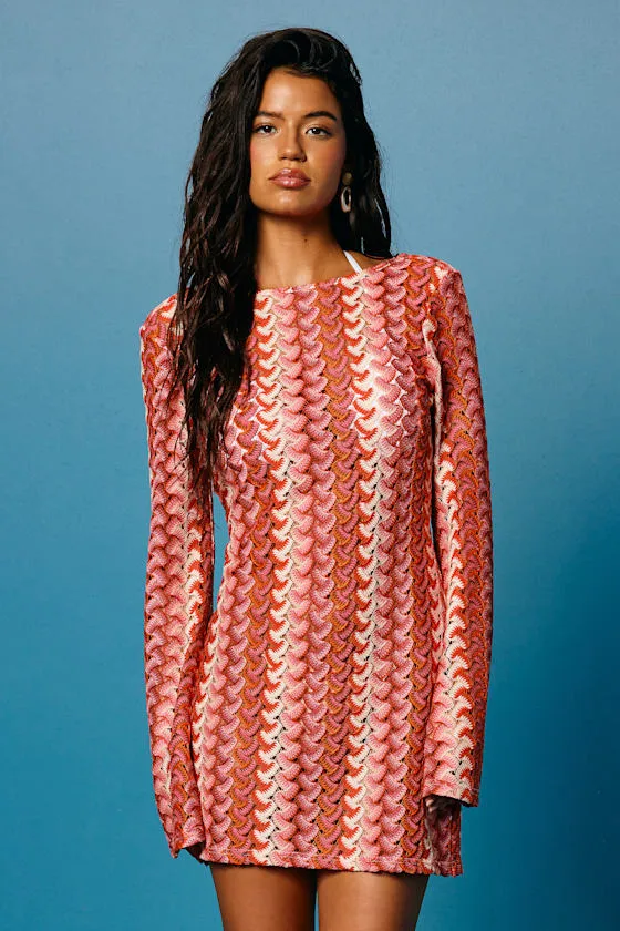 Valestra Pink Striped Crochet Long Sleeve Swim Cover-Up Dress sold by Lulus product image thumbnail 4