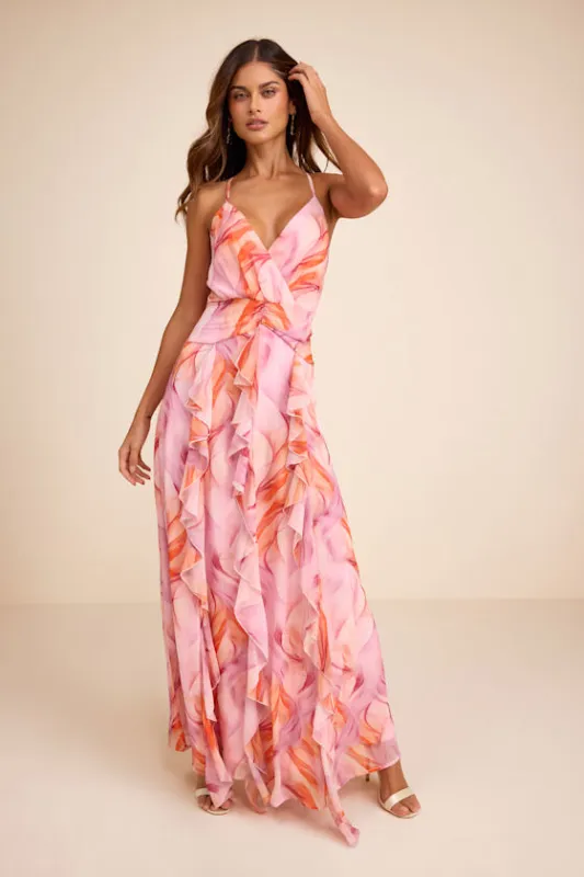 Astraea Lilac and Orange Abstract Surplice Ruffled Maxi Dress made by Lulus
