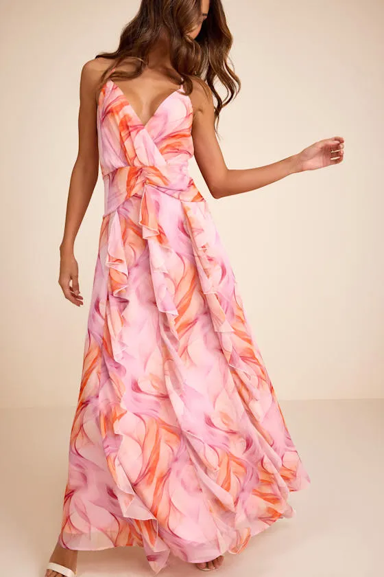 Astraea Lilac and Orange Abstract Surplice Ruffled Maxi Dress sold by Lulus product image thumbnail 2