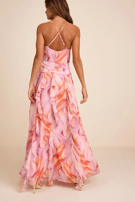 Astraea Lilac and Orange Abstract Surplice Ruffled Maxi Dress sold by Lulus product image thumbnail 3