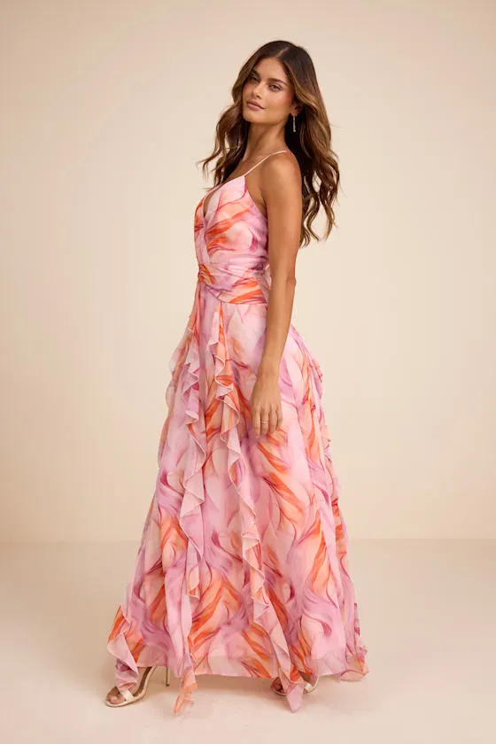 Astraea Lilac and Orange Abstract Surplice Ruffled Maxi Dress sold by Lulus product image thumbnail 4