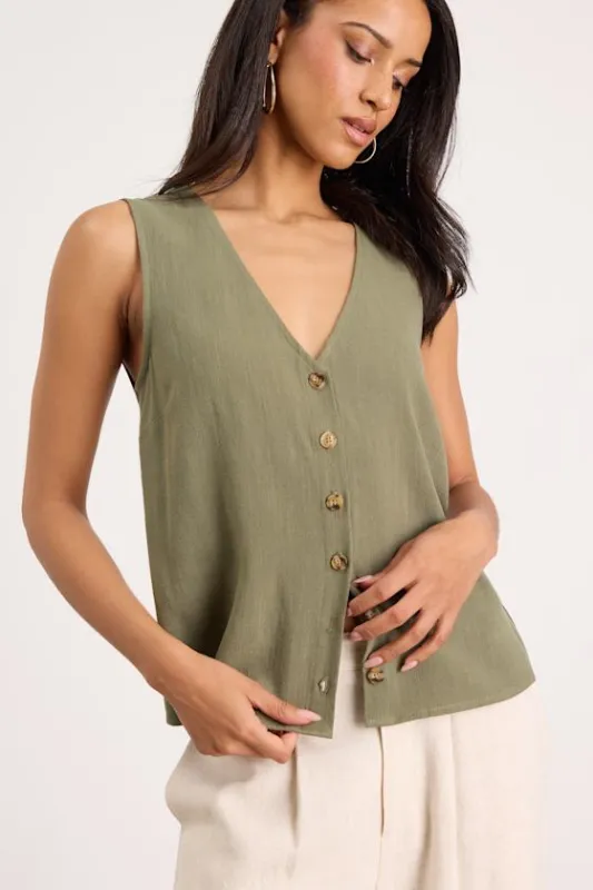 Casually Sophisticated Olive Linen Sleeveless Button-Front Top sold by Lulus