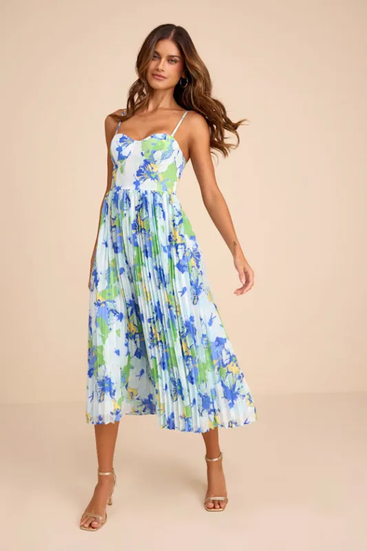 Dorothy Light Blue Multi Floral Print Pleated Midi Dress sold by Lulus