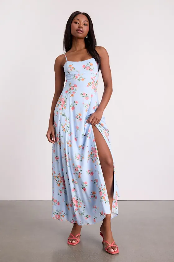 Ingrid Light Blue Floral Tie-Back Maxi Dress sold by Lulus