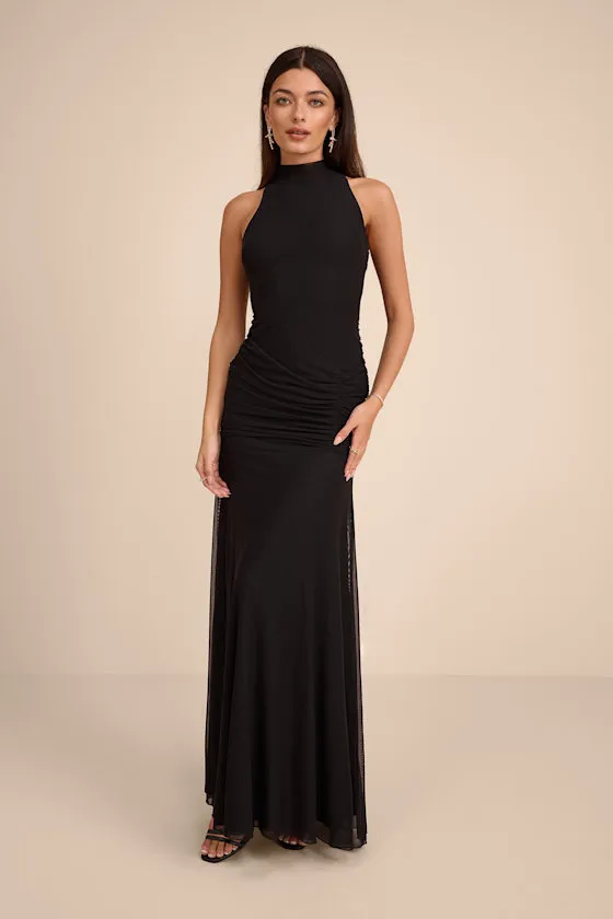 Alma Black Mesh Mock Neck Ruched Maxi Dress sold by Lulus