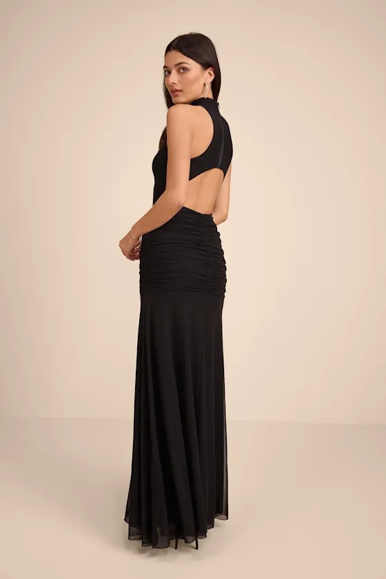 Alma Black Mesh Mock Neck Ruched Maxi Dress sold by Lulus product image thumbnail 3