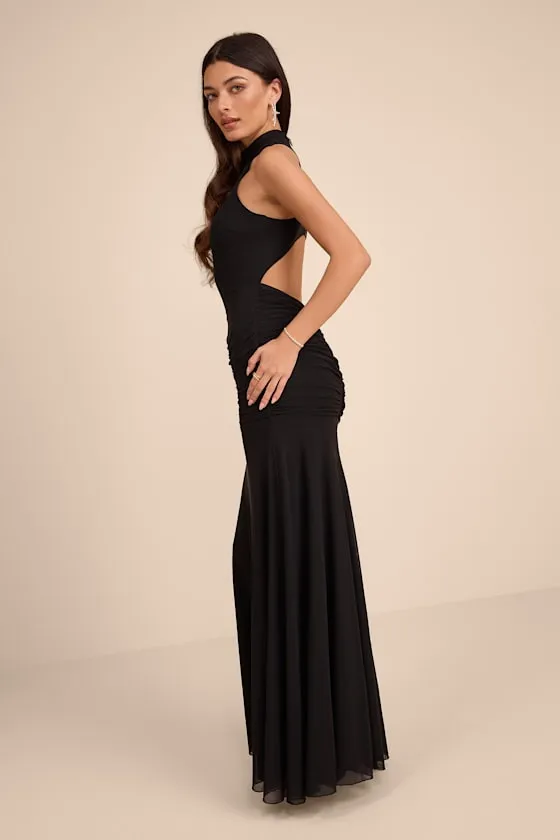 Alma Black Mesh Mock Neck Ruched Maxi Dress sold by Lulus product image thumbnail 4