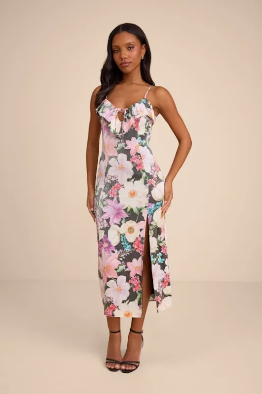 Kayla Black Multi Floral Ruffled Midi Dress sold by Lulus