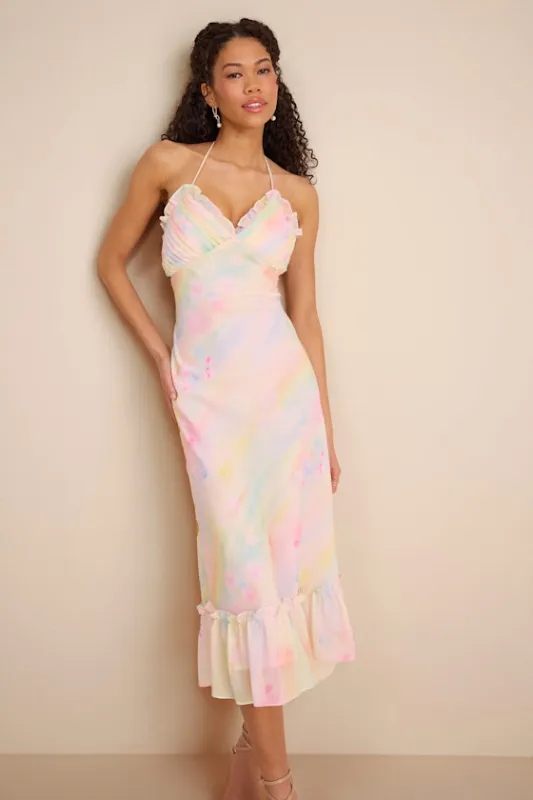 Jamaya Multi Abstract Floral Lace-Up Midi Dress sold by Lulus