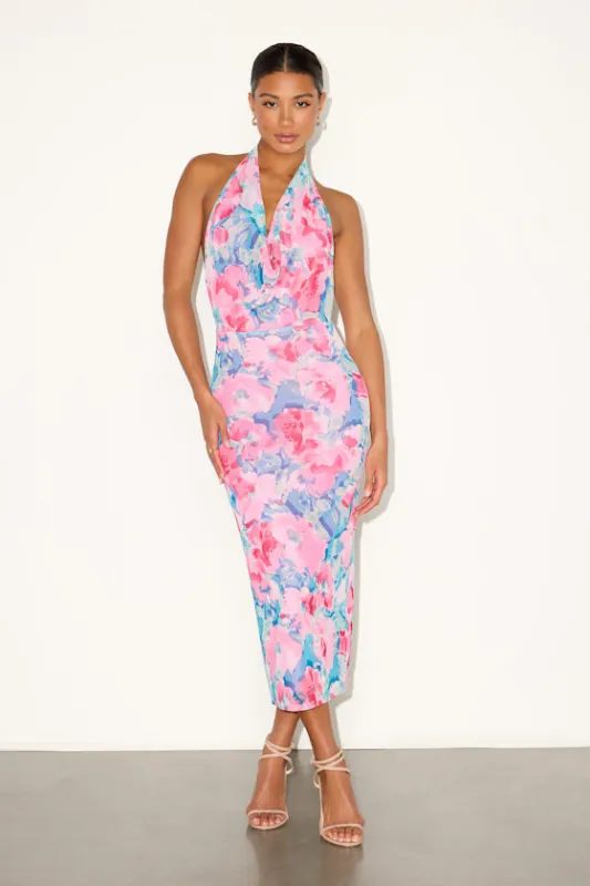 Venus Teal and Pink Floral Mesh Backless Midi Dress sold by Lulus