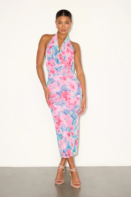 Venus Teal and Pink Floral Mesh Backless Midi Dress sold by Lulus