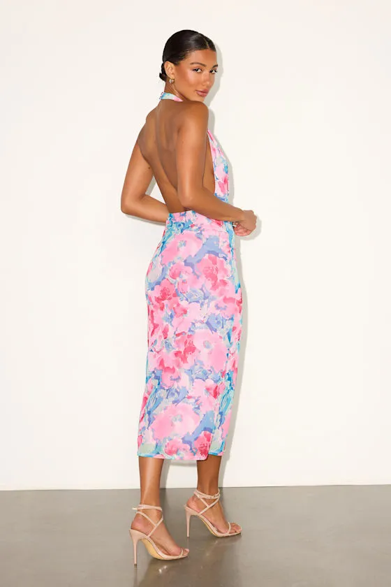 Venus Teal and Pink Floral Mesh Backless Midi Dress sold by Lulus product image thumbnail 3