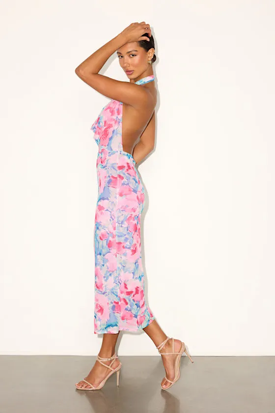 Venus Teal and Pink Floral Mesh Backless Midi Dress sold by Lulus product image thumbnail 4