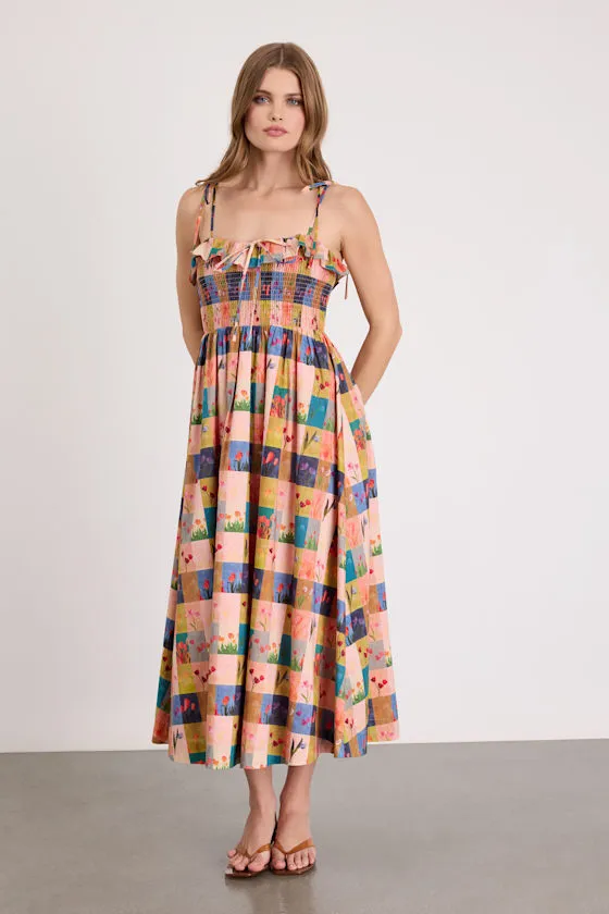 Alessandra Blush Multi Gingham Floral Tie-Strap Midi Dress sold by Lulus