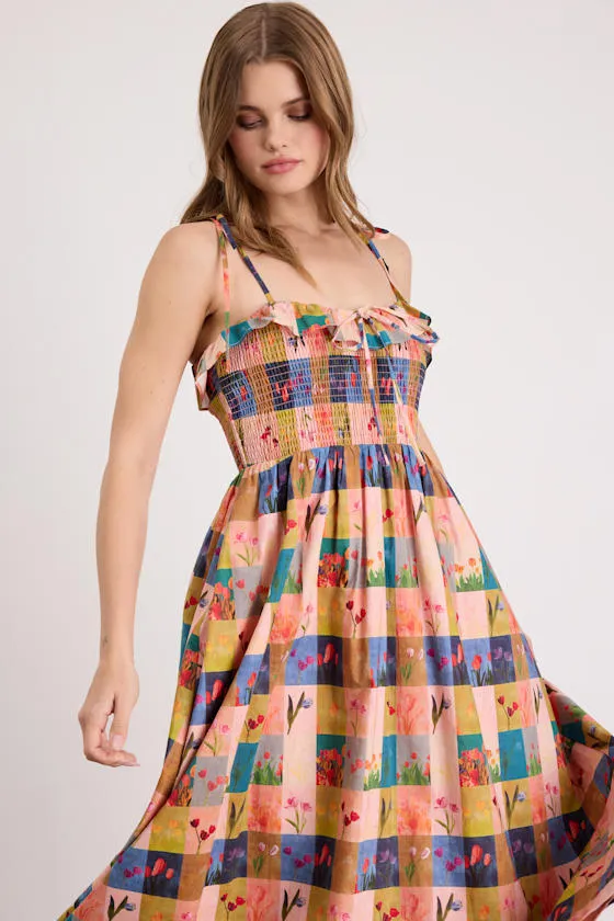 Alessandra Blush Multi Gingham Floral Tie-Strap Midi Dress sold by Lulus product image thumbnail 2