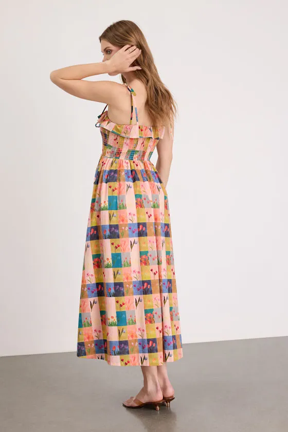 Alessandra Blush Multi Gingham Floral Tie-Strap Midi Dress sold by Lulus product image thumbnail 3