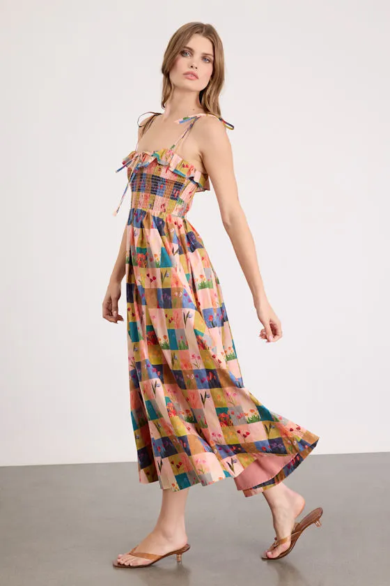 Alessandra Blush Multi Gingham Floral Tie-Strap Midi Dress sold by Lulus product image thumbnail 4