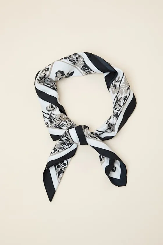 Hanna White and Black Floral Satin Scarf sold by Lulus
