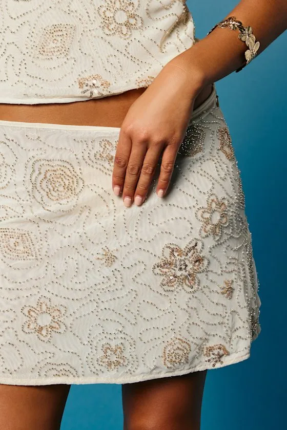 Abara Cream Beaded Mid-Rise Mini Skirt sold by Lulus product image thumbnail 3