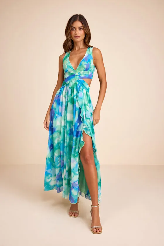 Elisanna Teal Multi Floral Lace-Up Midi Dress sold by Lulus