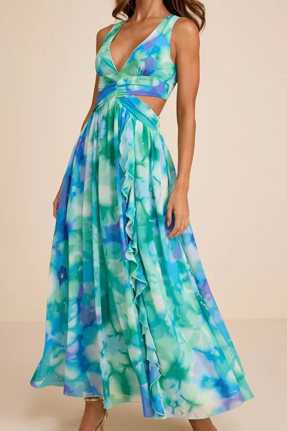 Elisanna Teal Multi Floral Lace-Up Midi Dress sold by Lulus product image thumbnail 2