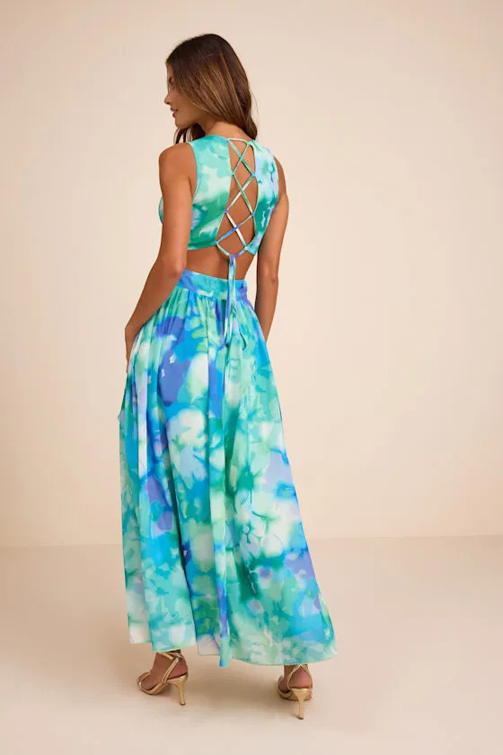 Elisanna Teal Multi Floral Lace-Up Midi Dress sold by Lulus product image thumbnail 3