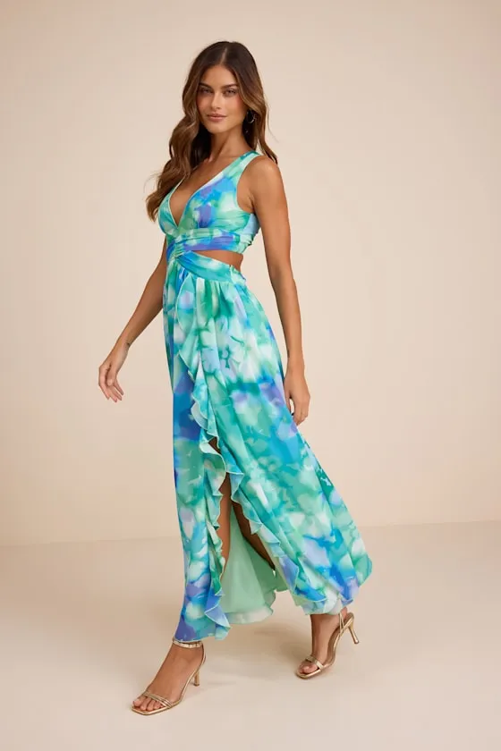 Elisanna Teal Multi Floral Lace-Up Midi Dress sold by Lulus product image thumbnail 4