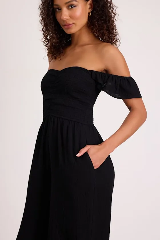 Daniyah Black Smocked Flutter Sleeve Wide-Leg Jumpsuit sold by Lulus product image thumbnail 2
