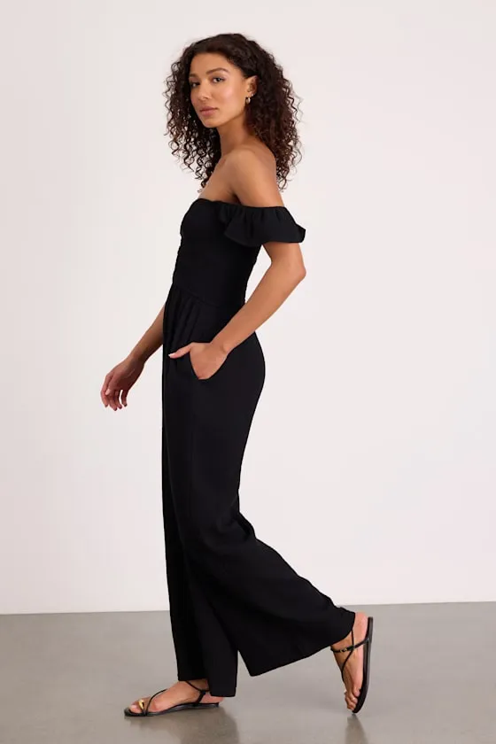 Daniyah Black Smocked Flutter Sleeve Wide-Leg Jumpsuit sold by Lulus product image thumbnail 4