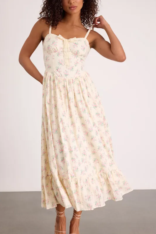 Odilie Pale Yellow Floral Lace Sleeveless Midi Dress sold by Lulus