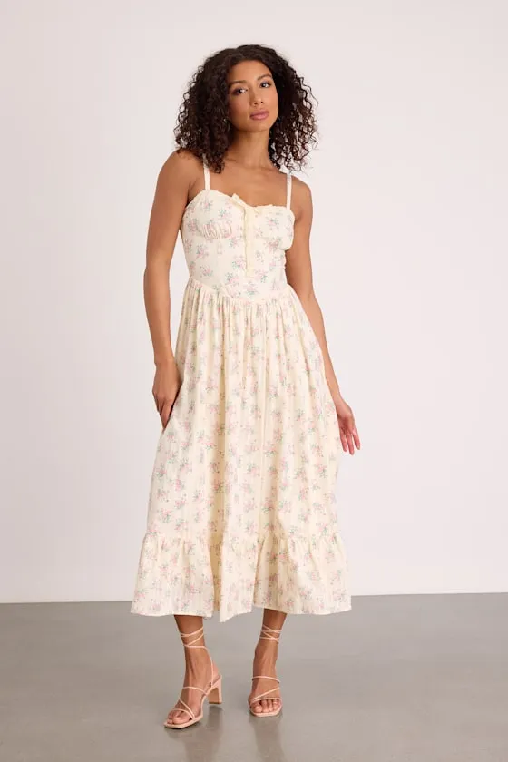 Odilie Pale Yellow Floral Lace Sleeveless Midi Dress sold by Lulus product image thumbnail 2