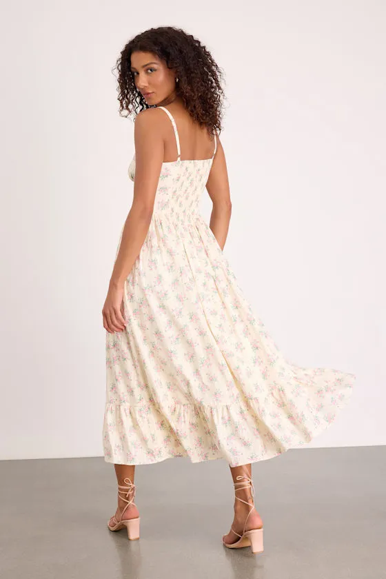 Odilie Pale Yellow Floral Lace Sleeveless Midi Dress sold by Lulus product image thumbnail 4