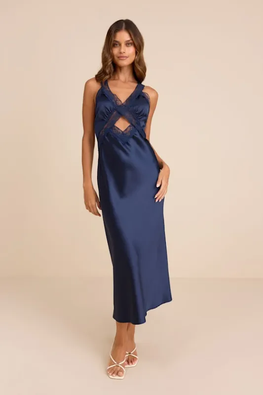 Camara Navy Satin Lace Slip Midi Dress sold by Lulus