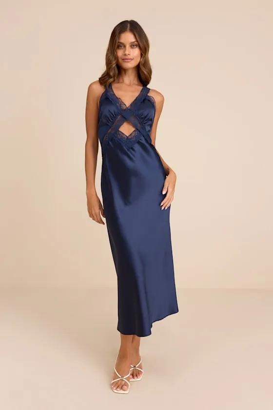 Camara Navy Satin Lace Slip Midi Dress sold by Lulus