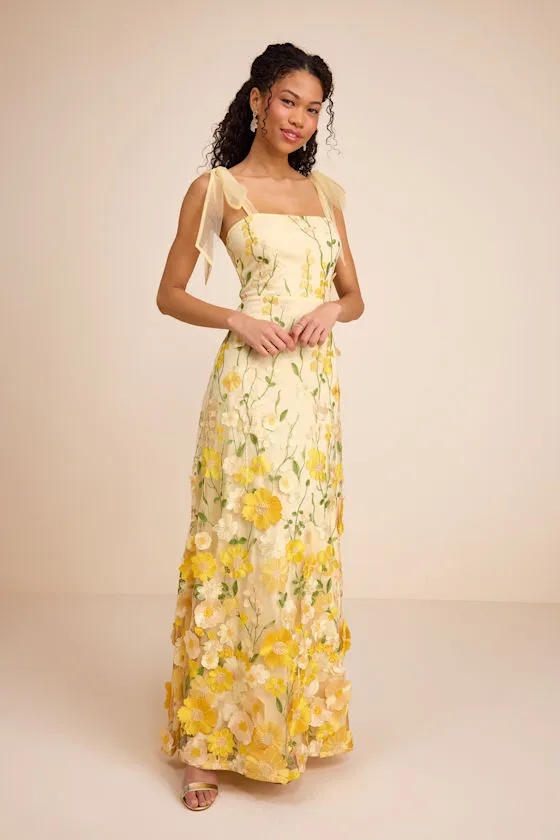Thriving Poise Yellow 3D Floral Embroidered Tie-Strap Maxi Dress sold by Lulus
