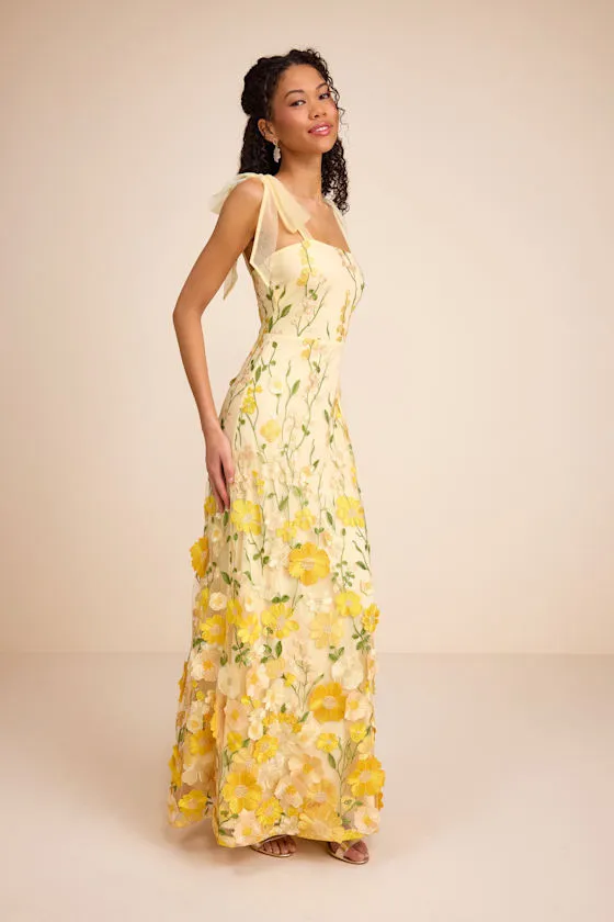 Thriving Poise Yellow 3D Floral Embroidered Tie-Strap Maxi Dress sold by Lulus product image thumbnail 4