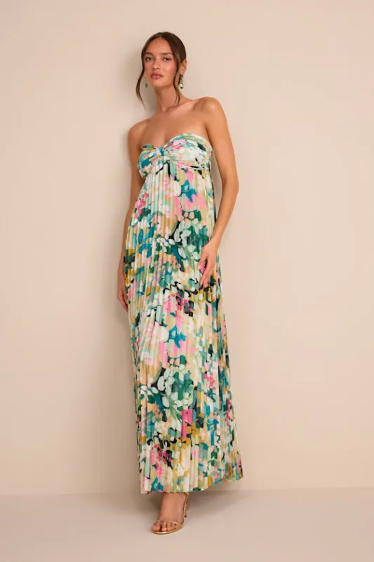 Whimsical Beauty Multi Floral Satin Plisse Strapless Maxi Dress sold by Lulus