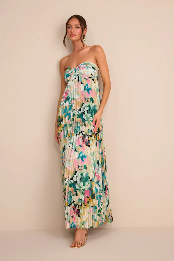 Whimsical Beauty Multi Floral Satin Plisse Strapless Maxi Dress sold by Lulus