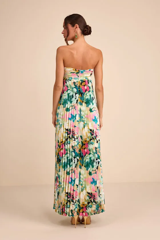 Whimsical Beauty Multi Floral Satin Plisse Strapless Maxi Dress sold by Lulus product image thumbnail 3